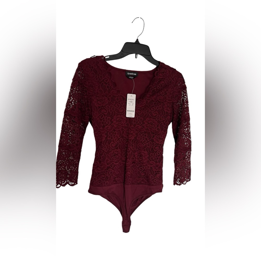 Bebe Laced V-Neck Body Suit-Plum